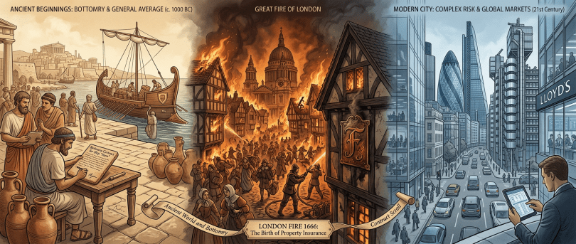 Three panels showing ancient, Great Fire of London, and modern city risk management scenes